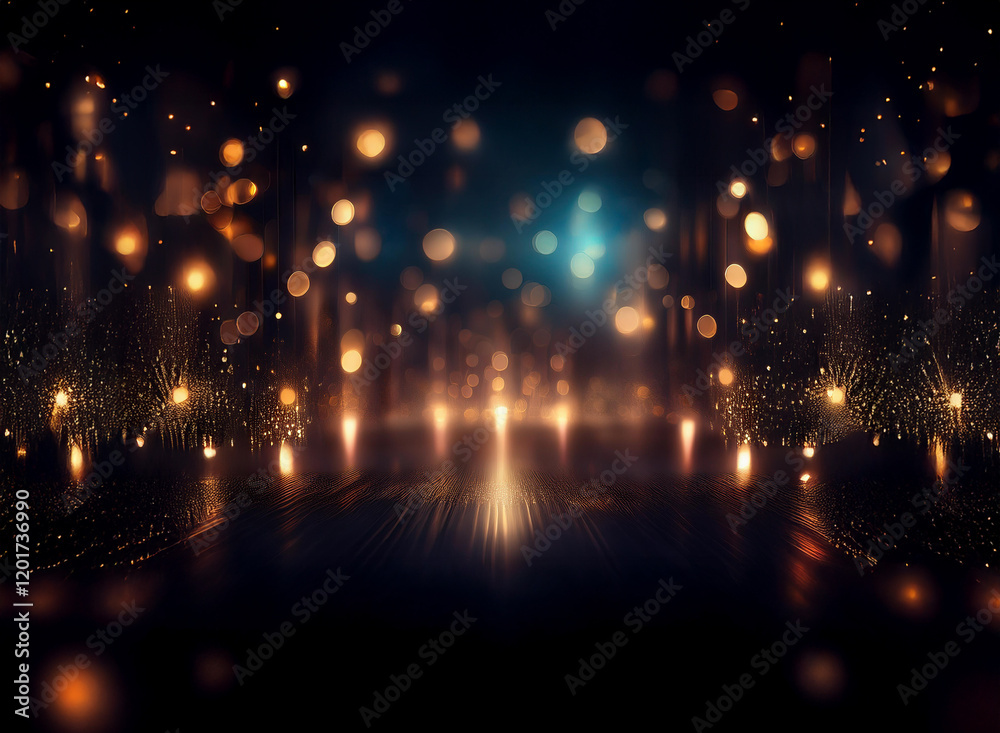 Aufkleber Abstract background with bokeh lights.  Golden and blue lights create a sparkling, atmospheric effect.  Dark, mysterious, and alluring.