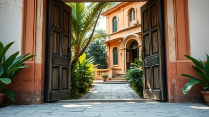 Naklejka premium A glimpse of a beautiful garden oasis revealed through the open doors of a charming old home.