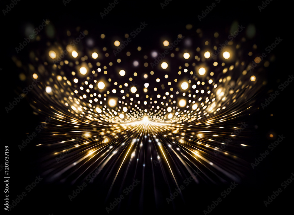 Poster Abstract background image featuring a mesmerizing display of bokeh lights.  Golden lights radiate outwards creating a stunning visual effect.