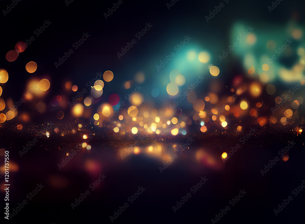 Poster Abstract bokeh background of colorful lights, glowing and shimmering with a dark, reflective surface.  The warm and cool tones create a magical atmosphere.