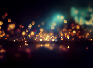 Fototapeta premium Abstract bokeh background of colorful lights, glowing and shimmering with a dark, reflective surface. The warm and cool tones create a magical atmosphere.
