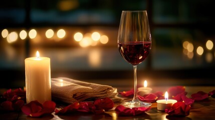 glass of red wine on table with candles and rose petals, creating romantic atmosphere. soft glow of candles enhances intimate setting