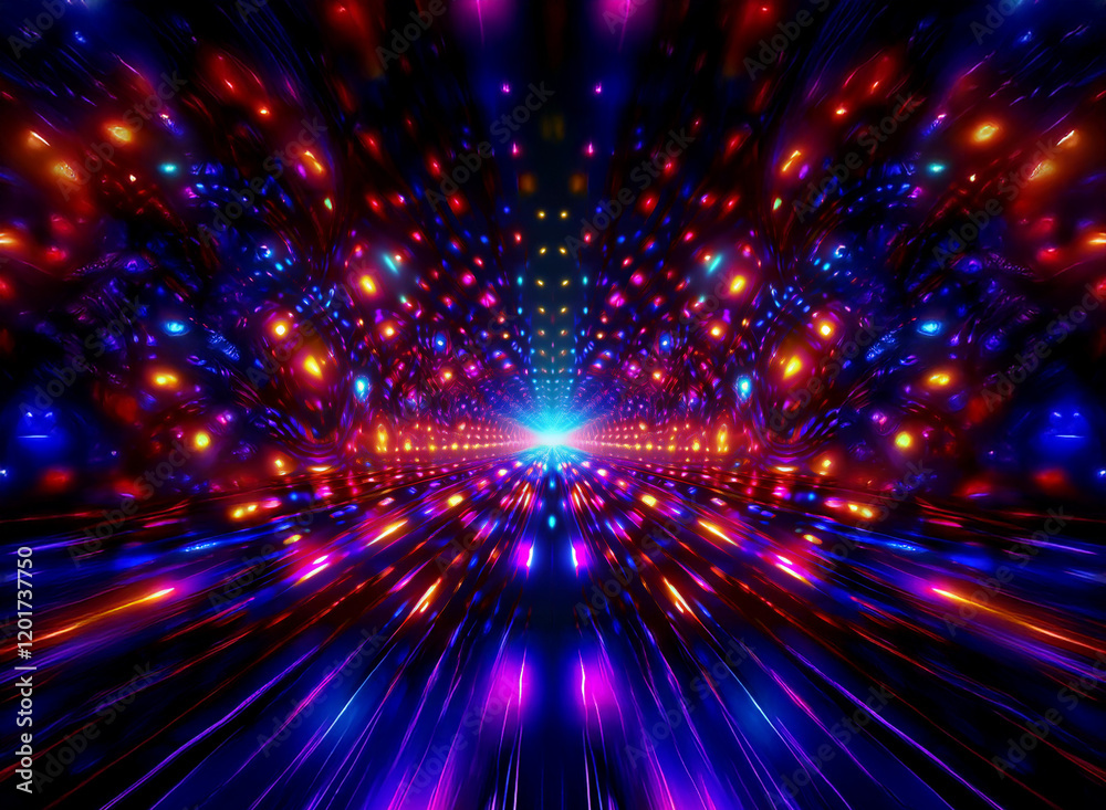 Poster abstract background of vibrant, colorful bokeh lights forming a tunnel. the lights create a sense of