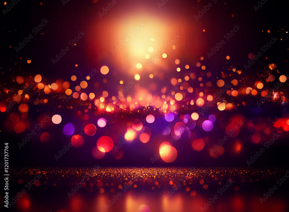 Poster Abstract background image featuring bokeh lights.  Warm-toned, glowing orbs create a sparkling, vibrant effect against a dark backdrop.  The lights are concentrated in the center, fading softly toward