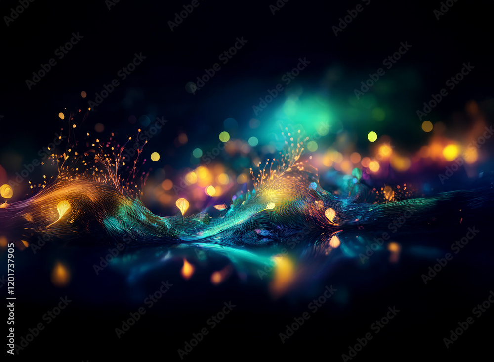 Poster Abstract background of colorful lights and bokeh.  Glowing particles form wave-like shapes, reflecting on a dark surface. The vibrant hues create a magical, dreamy atmosphere.