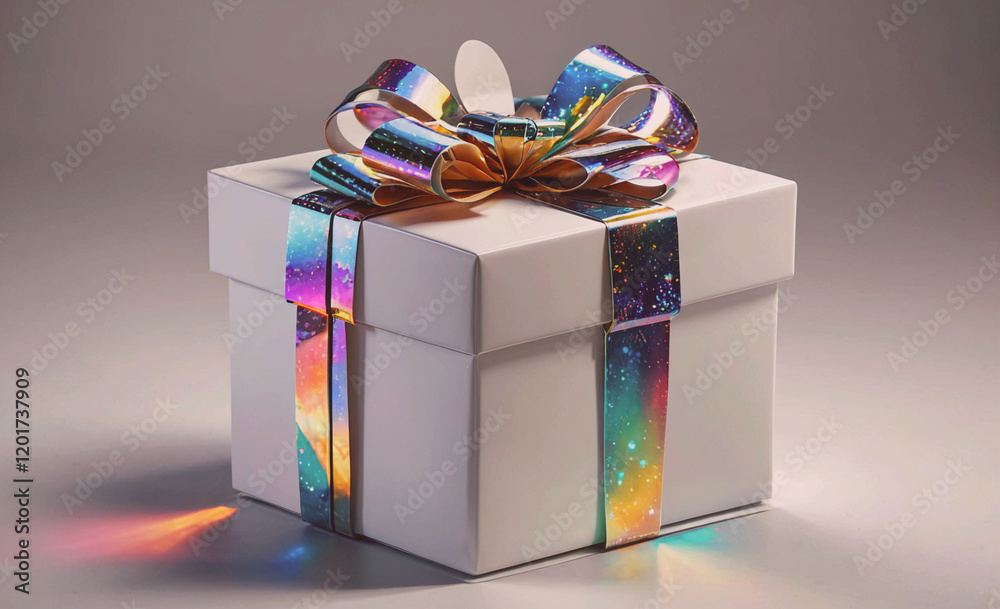 Poster A white box with a rainbow ribbon on it. The box is decorated with a bow and is sitting on a table