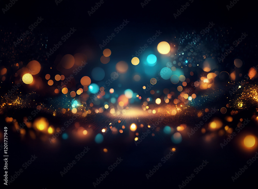 Poster Abstract background of bokeh lights.  Warm and cool colored lights sparkle and glow, creating a dreamy, magical atmosphere.  The dark background enhances the brilliance of the lights.