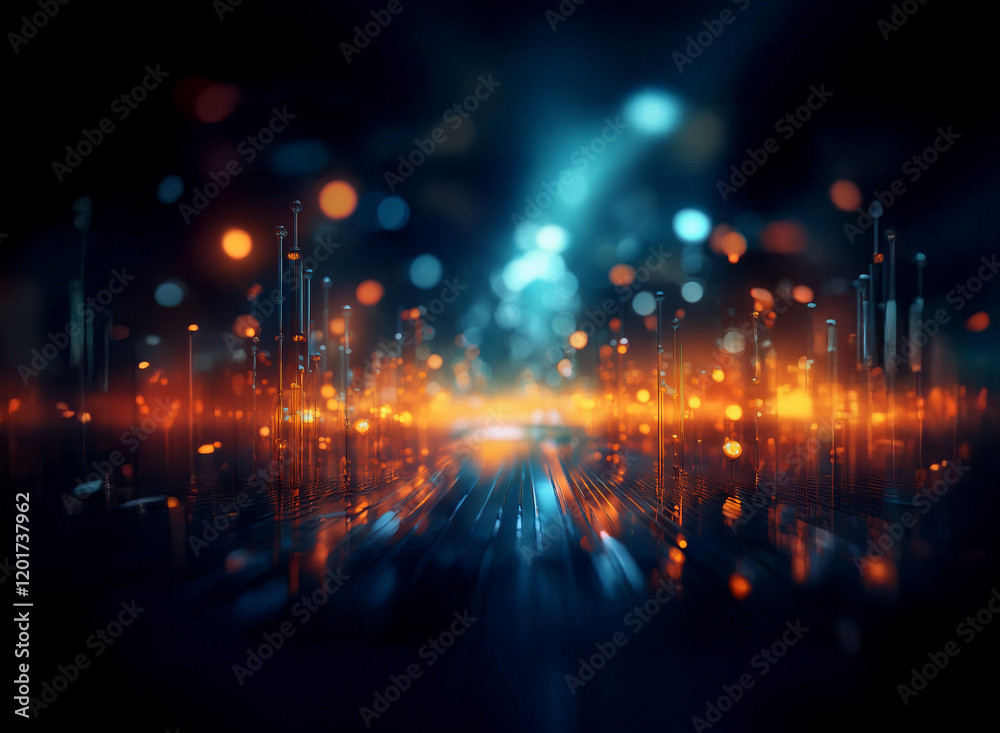 Poster Abstract background image featuring a bokeh effect.  Bright, colorful lights illuminate a futuristic, city-like landscape.  The scene is rendered with depth and vibrant hues.