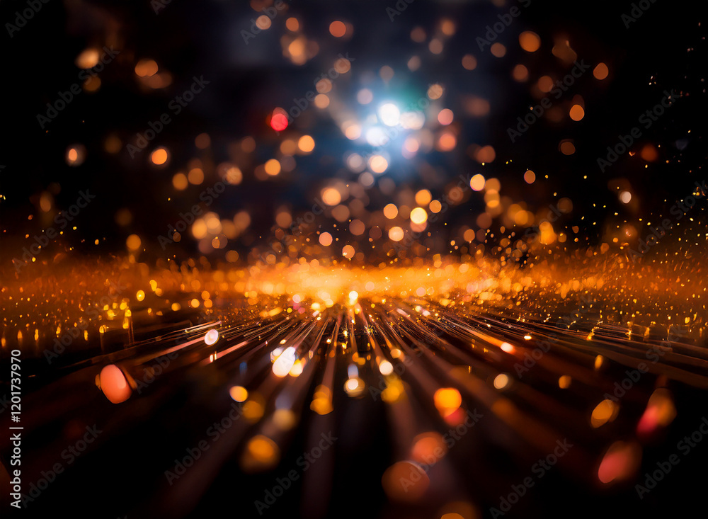 Poster Abstract background image featuring bokeh lights and glowing particles, creating a dynamic and energetic visual effect.  The lights converge towards the viewer, creating a sense of depth and movement.