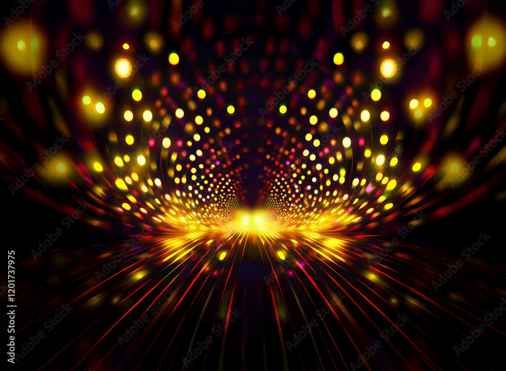 Poster Abstract background image featuring a tunnel of bokeh lights.  Vibrant colors and glowing particles create a dynamic, energetic scene.