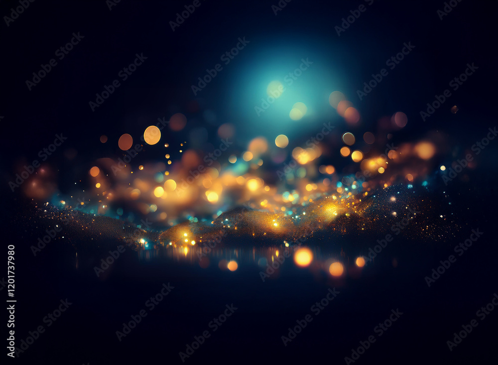 Aufkleber Abstract background image featuring a bokeh effect.  Warm and cool lights create a sparkling, glittering effect.  The dark background enhances the luminosity of the scattered lights.