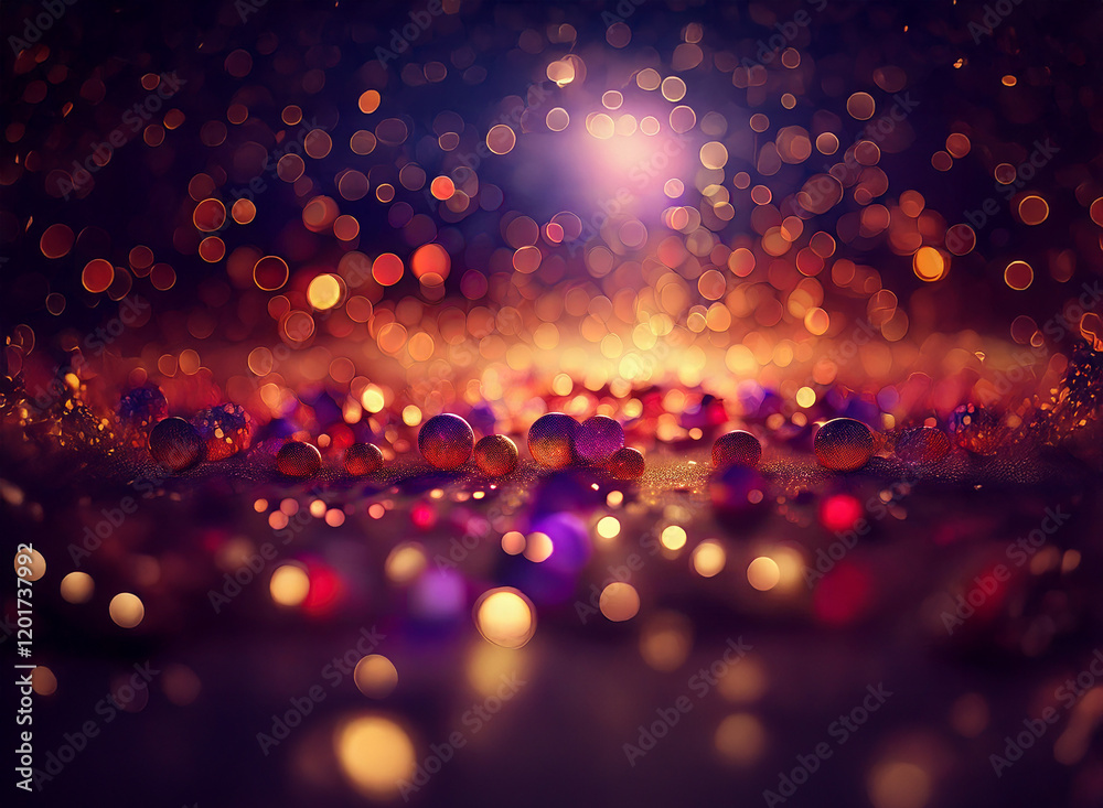 Poster Abstract bokeh background featuring warm and cool lights.  Scattered glowing orbs create a magical, sparkling effect.  The depth of field emphasizes the central cluster of lights.