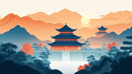 Obraz premium Chinese style traditional ancient building sunset dusk oriental artistic conception illustration