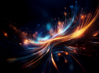 Abstract background image featuring a dynamic composition of glowing lights and bokeh effects.  The vibrant, swirling streaks of light create a sense of movement and energy against a dark backdrop.