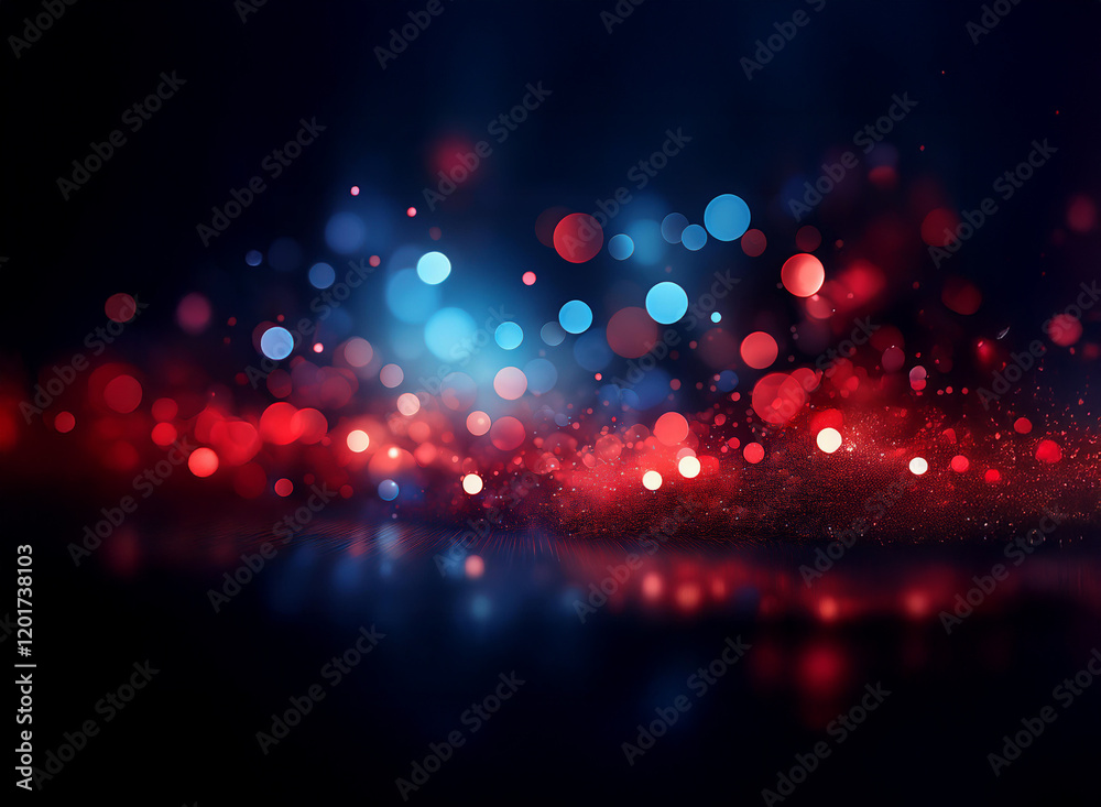 Leinwandbilder Abstract background of red and blue bokeh lights, creating a sparkling, glittering effect.  The lights appear to be floating on a dark surface.