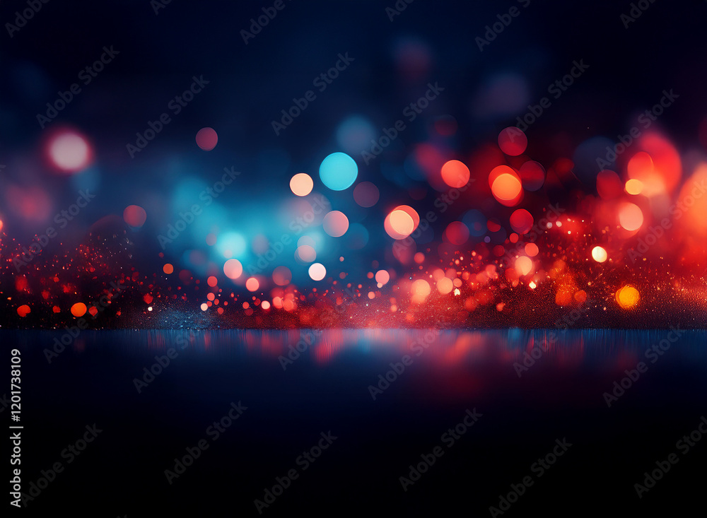 Aufkleber Abstract background image featuring bokeh lights.  Red and blue glowing particles create a vibrant, sparkling effect.  A dark, reflective surface adds depth.
