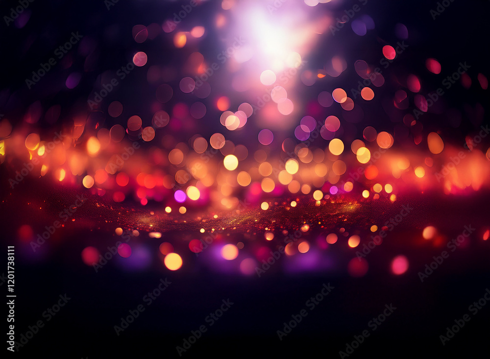 Poster Abstract background image featuring a bokeh effect.  Warm and cool lights blend, creating a glittering, dark ambiance.  The out-of-focus lights form a captivating visual.