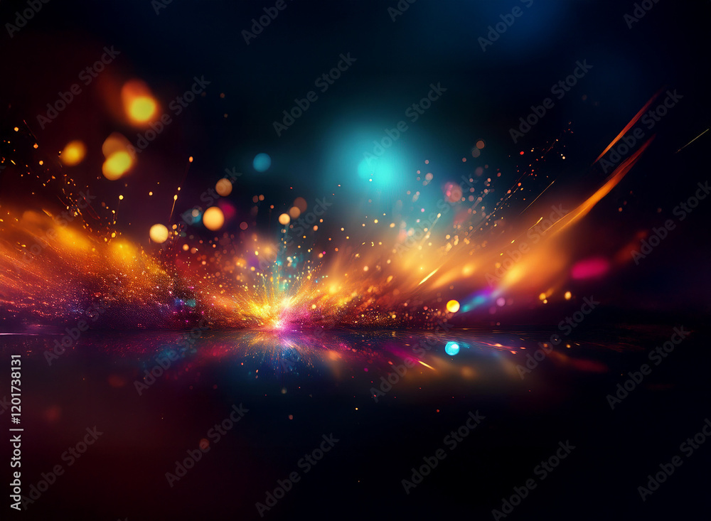Aufkleber An abstract background image featuring vibrant bokeh lights and streaks of color, creating a dynamic and energetic atmosphere.  The lights reflect on a dark, glossy surface.