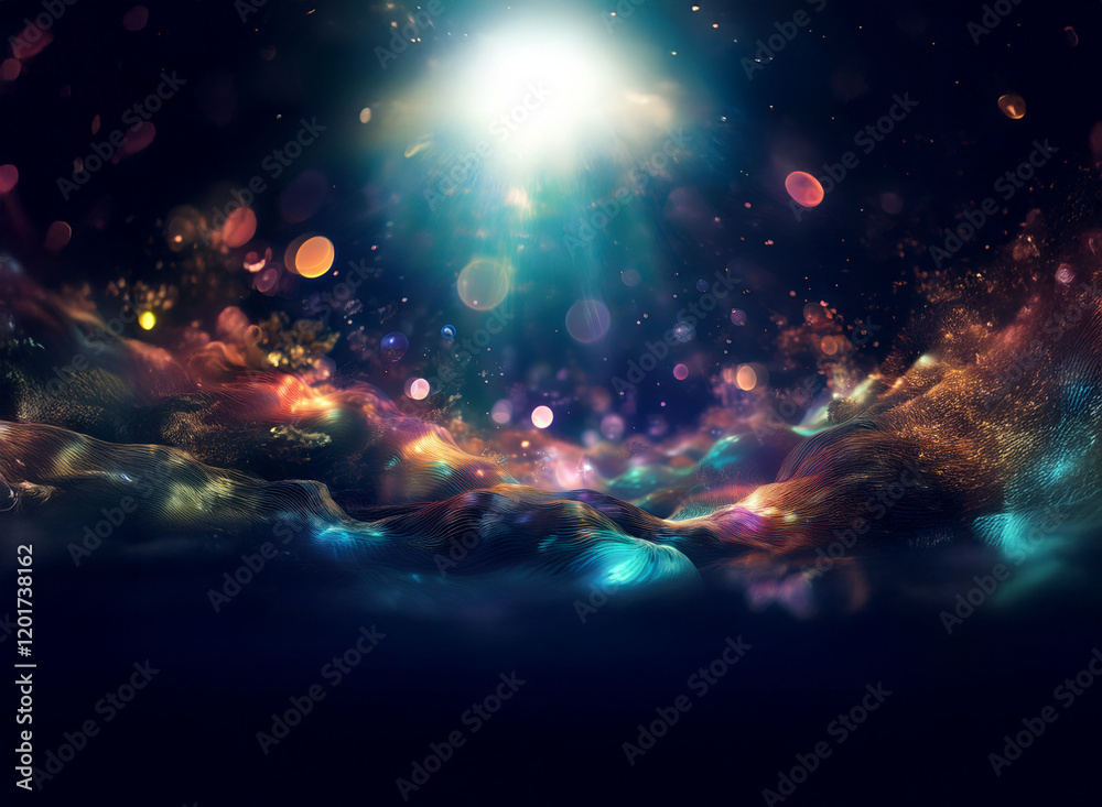 Poster Abstract background image featuring a vibrant, colorful landscape illuminated by bokeh lights.  The scene evokes a sense of wonder and magic with glowing particles and swirling textures.