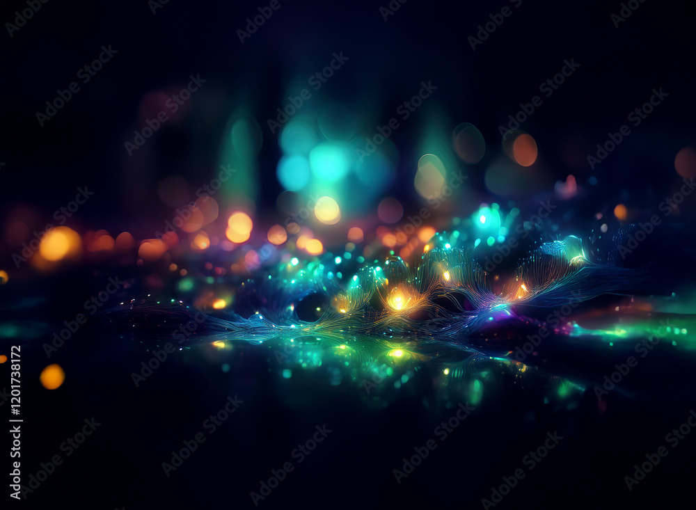 Poster Abstract background image featuring colorful bokeh lights.  A vibrant, glowing scene with out-of-focus lights creating a dreamy atmosphere.  The lights reflect on a dark, shiny surface.