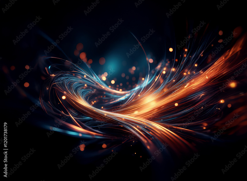 Leinwandbilder Abstract background image featuring swirling, luminous strands of light in teal and orange hues.  Bokeh effects add depth to the dark backdrop.