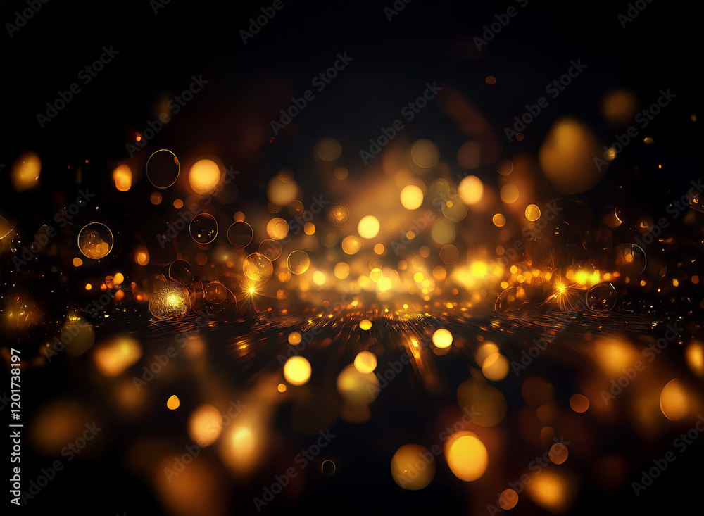 Poster Abstract background of golden bokeh lights, creating a shimmering, luminous effect.  The dark backdrop enhances the brilliance of the scattered sparkles.