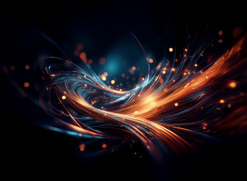 Abstract background image featuring swirling, luminous strands of light in teal and orange hues.  Bokeh effects add depth to the dark backdrop.
