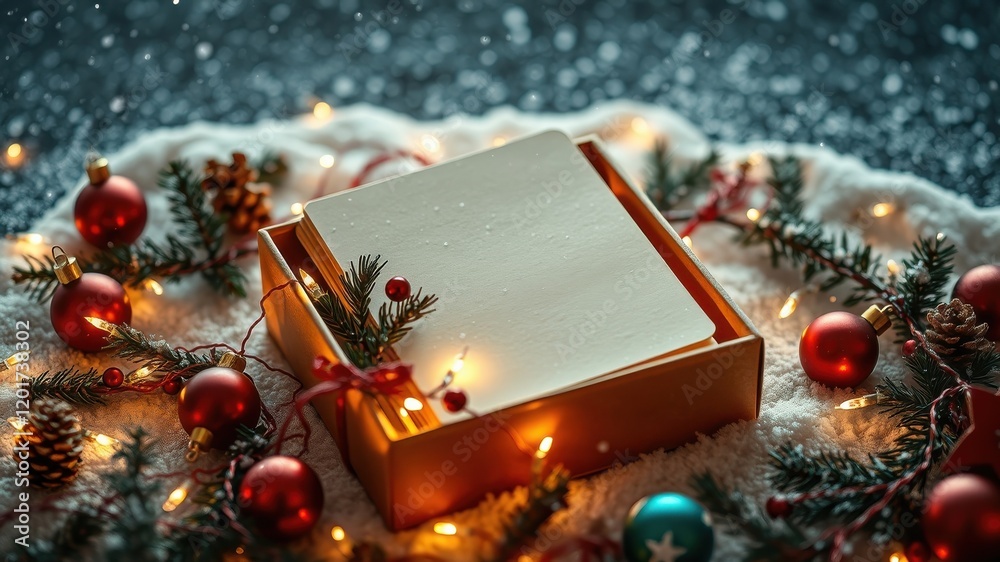 Poster A Christmas Gift Box Surrounded by Ornaments, Twinkling Lights, and Pine Boughs in a Snowy Setting