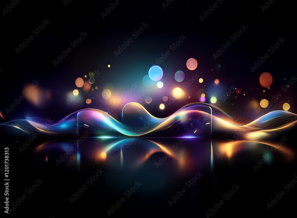 Poster Abstract background image featuring colorful, glowing waves and bokeh lights.  The scene is dark, with bright lights reflecting on a glossy surface, creating a vibrant, dreamy atmosphere.