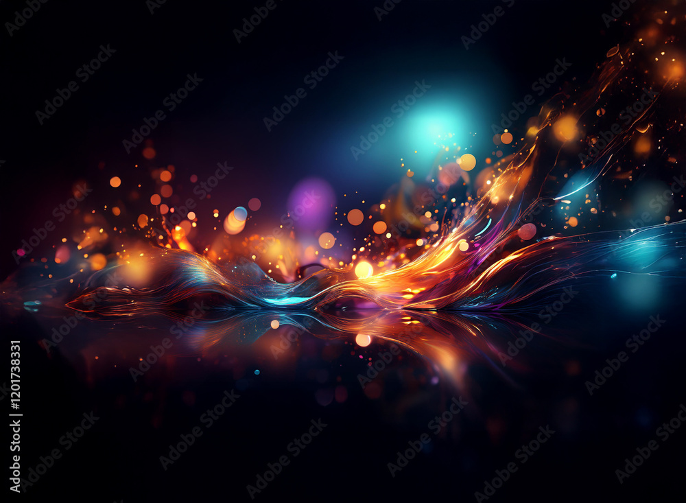 Poster Abstract background image featuring vibrant, colorful lights and bokeh effects.  Fluid, dynamic shapes create a mesmerizing, glowing scene.