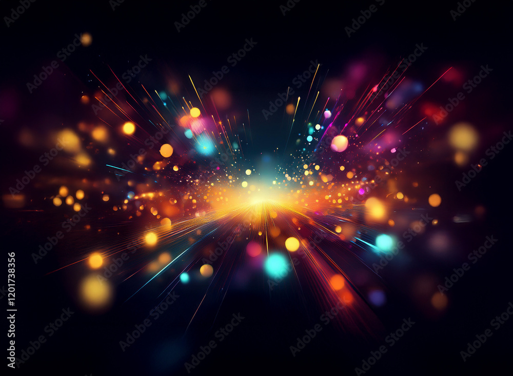 Poster Abstract background image featuring vibrant bokeh lights and dynamic streaks of color radiating outwards, creating a sense of speed and energy.