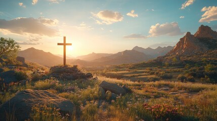 Sunset cross, mountain landscape, faith, hope, peaceful scene, religious imagery