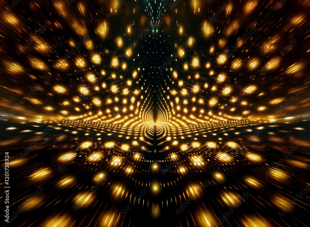 Poster Abstract background image featuring a symmetrical pattern of bokeh lights.  Golden lights radiate outwards creating a dynamic, energetic, and visually striking effect.