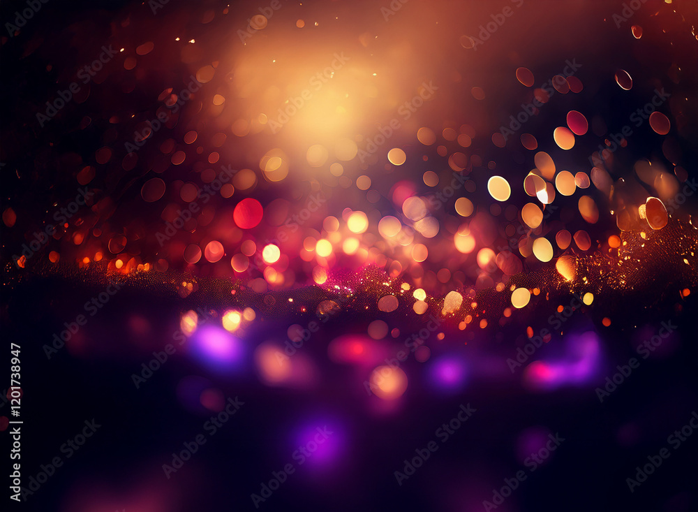 Poster Abstract background with bokeh lights.  Warm and cool colors blend in a sparkling, glittering effect.  Deep hues create a rich, festive atmosphere.