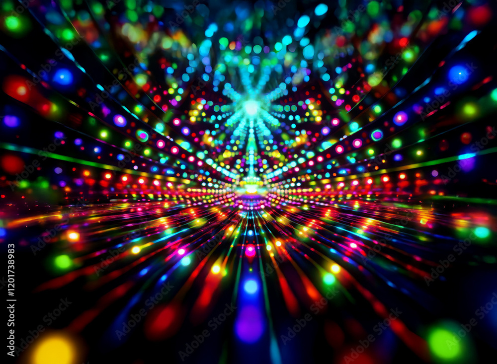 Poster Abstract background of colorful bokeh lights creating a radiant, symmetrical tunnel effect.  The vibrant colors and glowing orbs form a mesmerizing visual.