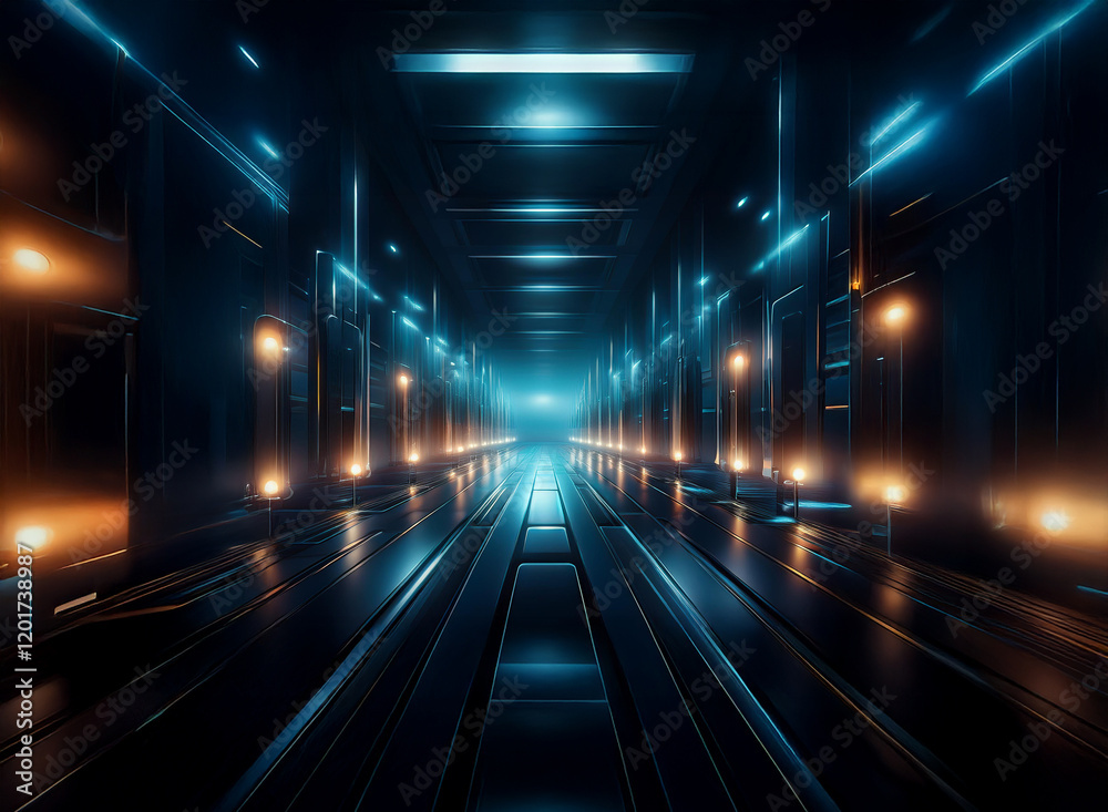 Poster abstract background of a futuristic corridor with bokeh lights. the scene is dark, with vibrant blue