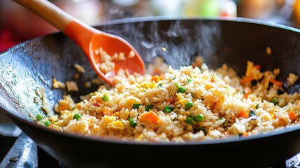 Fried rice in a wok. Featuring a colorful dish of fried rice. Highlighting the flavors and textures of Asian cuisine. Ideal for culinary and food visuals.