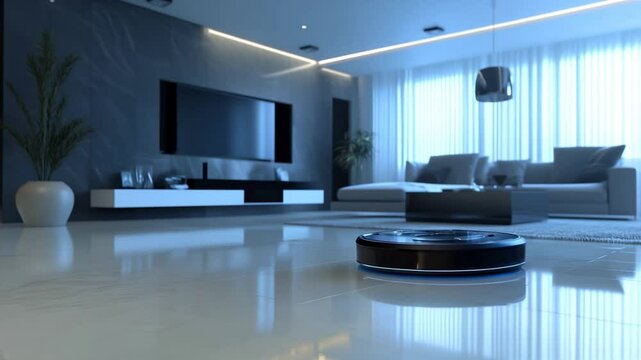Futuristic robotic vacuum cleaner efficiently cleans a sleek modern living room environment

