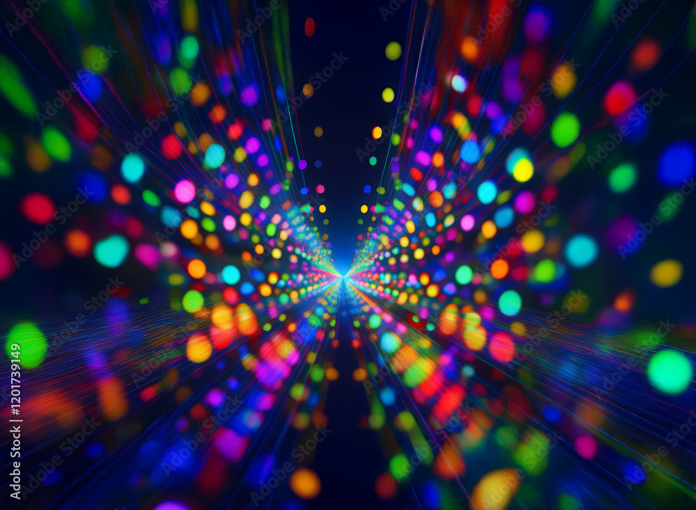 Poster Abstract background of colorful bokeh lights forming a tunnel effect.  The vibrant, glowing dots create a sense of depth and movement.