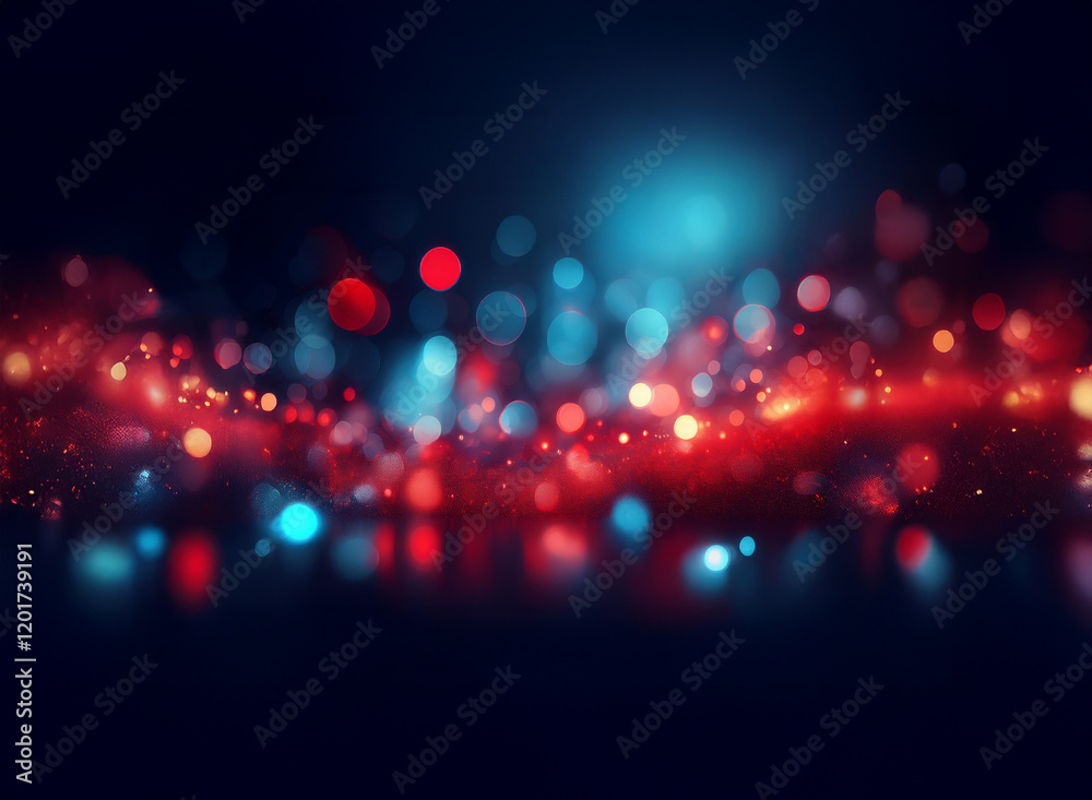 Aufkleber Abstract background image featuring red and blue bokeh lights, creating a sparkling, wavy effect.  The dark background enhances the luminous glow.