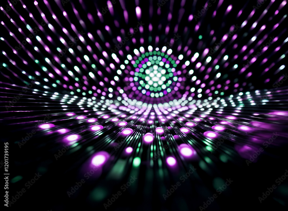 Poster Abstract background image featuring a mesmerizing display of bokeh lights.  Purple and green lights radiate outwards, creating a sense of depth and energy.