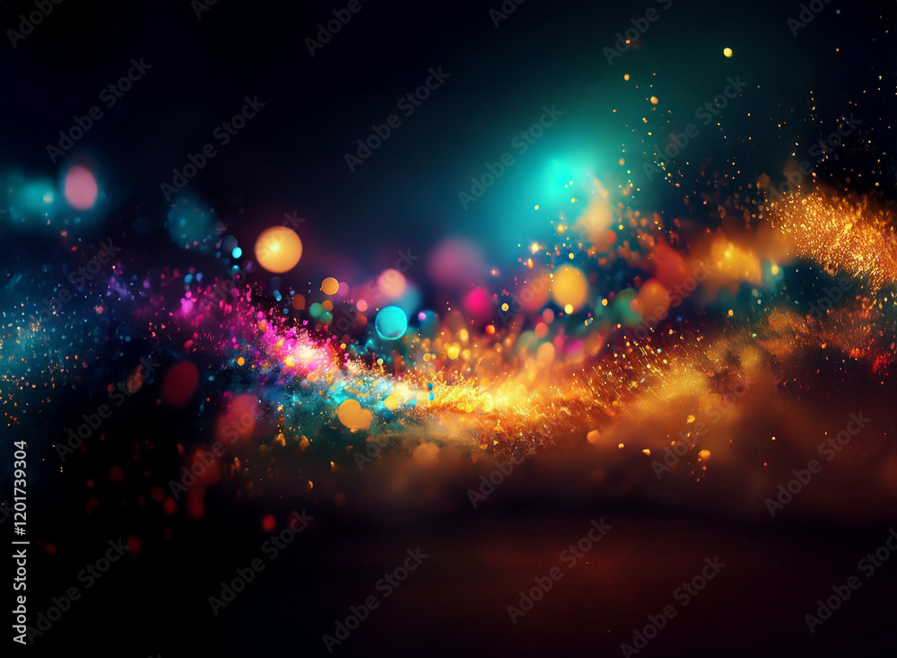 Poster Abstract background image featuring vibrant bokeh lights, swirling colors, and sparkling particles. A dynamic and colorful display.