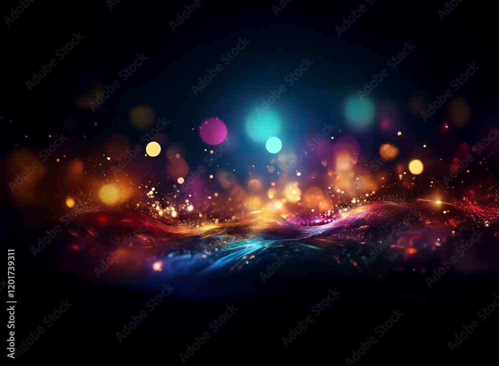 Poster Abstract background of colorful bokeh lights, creating a vibrant and luminous wave-like effect.  The dark backdrop enhances the brilliance of the glowing particles.