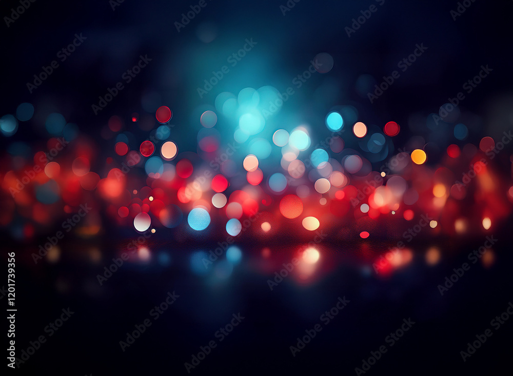 Poster Abstract background image featuring bokeh lights in shades of red, blue, and orange.  The lights create a sparkling, out-of-focus effect, ideal as a backdrop.