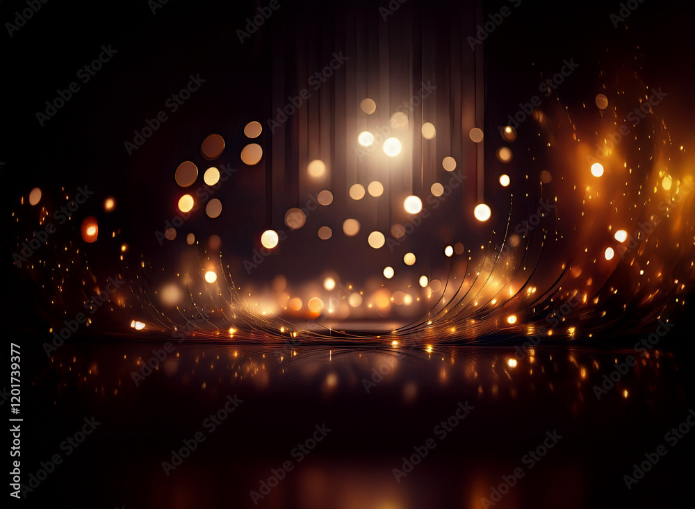Poster Abstract background with bokeh lights.  Golden and amber light orbs create a shimmering, wave-like effect on a dark, reflective surface. The lights suggest a celebratory or luxurious atmosphere.