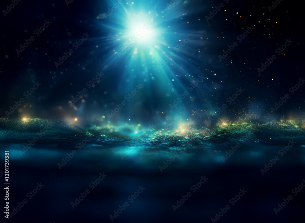 Aufkleber Abstract background image featuring a bright, central light source with bokeh effects.  Glowing lights and particles create a dreamy, otherworldly atmosphere.