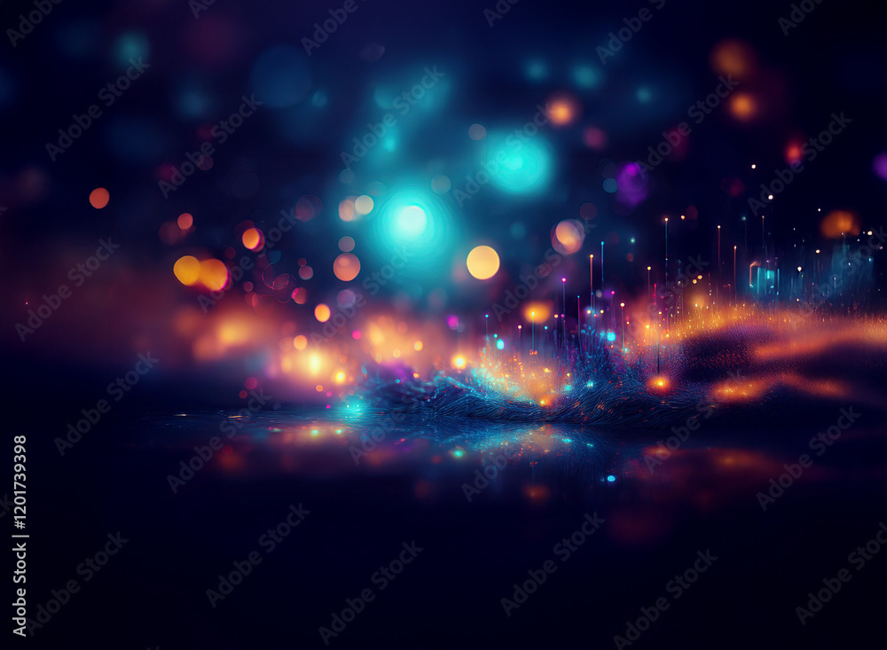 Poster Abstract background image featuring colorful bokeh lights and glowing particles.  A dark, moody scene with vibrant light reflections.
