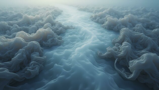 Aerial view of wide river surrounded by flowing ribbons, creating an ethereal, dreamlike effect in cool blues and whites