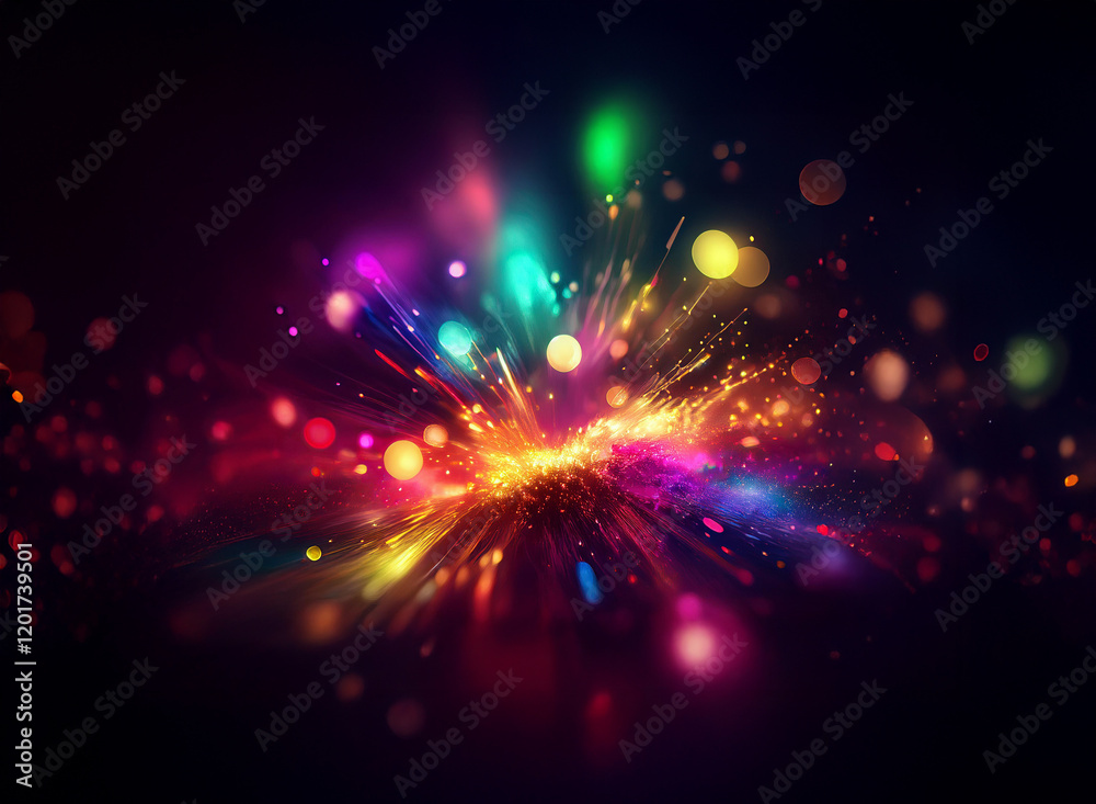 Poster Abstract background image featuring a vibrant explosion of colorful lights and bokeh effects.  A burst of energy and color creates a dynamic and dazzling display.