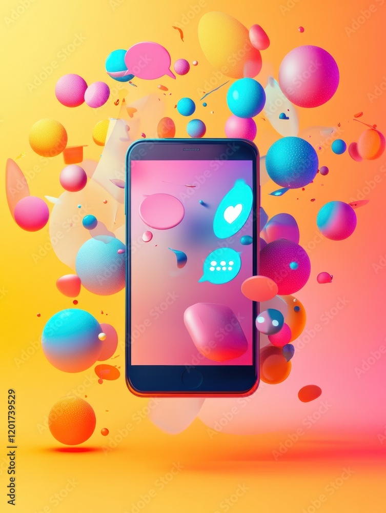 Poster bright chat bubbles emerge from smartphone with vibrant colors in an abstract design during daytime.